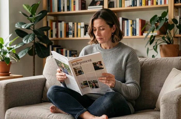 Femme lisant un magazine indépendant chez elle dans un cadre chaleureux et authentique