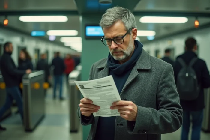 Voyageur lisant attentivement un avis d'amende RATP près des portiques de contrôle dans le métro