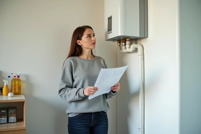 Locataire consultant un document d'entretien devant son chauffe-eau électrique dans un appartement
