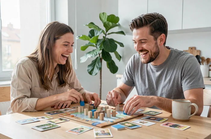 Zwei Freunde, die in einer modernen, hellen skandinavischen Wohnung an einem Tisch ein Holzbrettspiel spielen