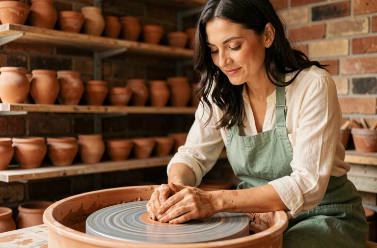 Femme pratiquant la poterie dans un atelier artisanal chaleureux, les mains dans l'argile sur un tour de potier en bois