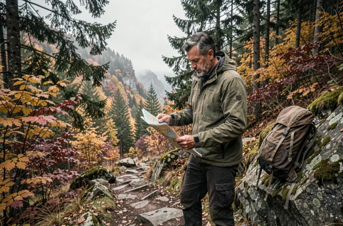 Mann beim Wandern, der eine topografische Karte auf einem Waldweg im Herbst mit einem nebligen Tal im Hintergrund konsultiert