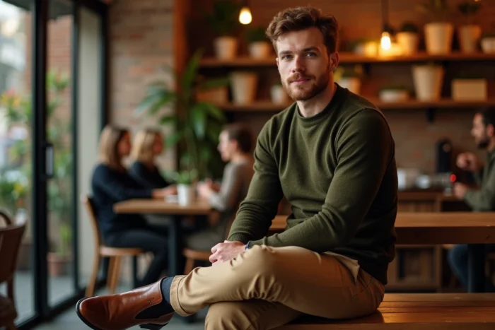 Homme en Chelsea boots marron burnies avec un pantalon chino camel et un pull col rond vert olive dans un café à murs en briques