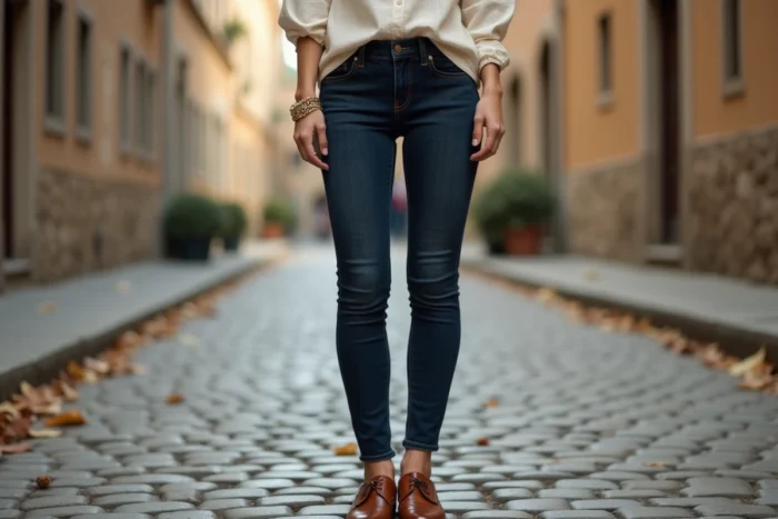 Femme portant des chaussures Oxford en cuir cognac avec un jean slim et une blouse en lin crème dans une rue pavée européenne en automne