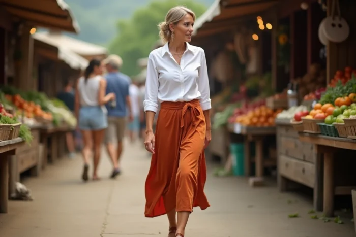 Femme en sandales en cuir marron clair avec une jupe midi rouille et une chemise blanche dans un marché en plein air le week-end