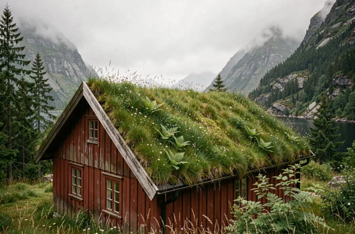 Maison norvégienne traditionnelle avec toit végétalisé en gazon intégrée dans un paysage de fjord brumeux entouré de pins