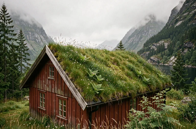 Maison norvégienne traditionnelle avec toit végétalisé en gazon intégrée dans un paysage de fjord brumeux entouré de pins