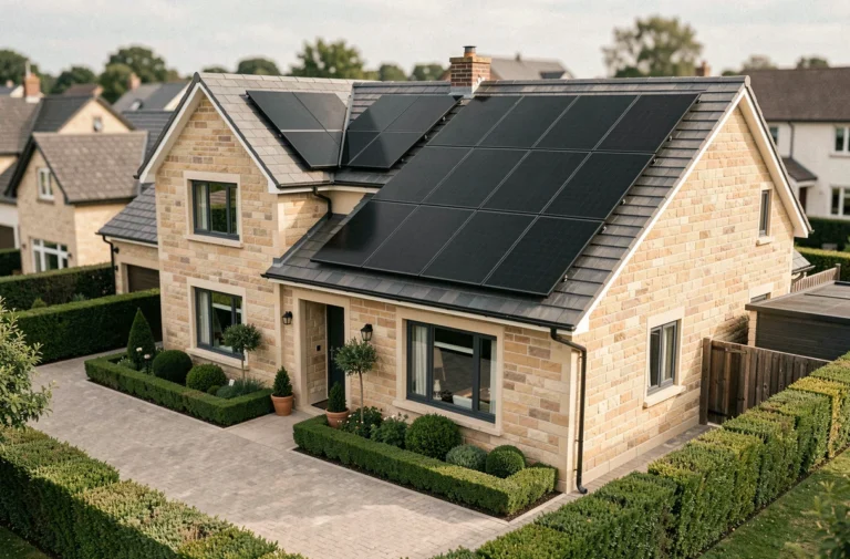 Maison individuelle moderne avec panneaux solaires noirs sur le toit valorisant le bien immobilier