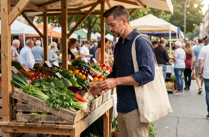 Homme choisissant des herbes fraîches biologiques sur un marché fermier en plein air pour une alimentation saine