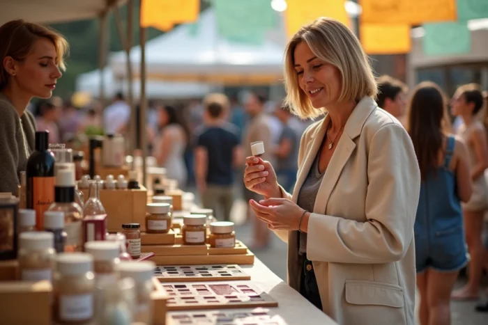 Marché pop-up de marques de beauté indépendantes avec des produits cosmétiques bio et alternatifs présentés sur des étals en bois