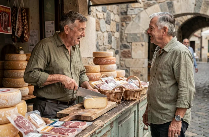 Fromager sarde découpant du Pecorino au marché de Porto Torres