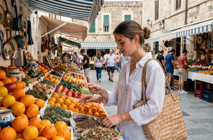 Jeune femme faisant ses courses parmi les étals colorés du marché de Porto Torres