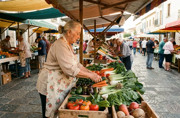 Vendeuse âgée arrangeant des légumes frais sur un étal du marché de Porto Torres en Sardaigne