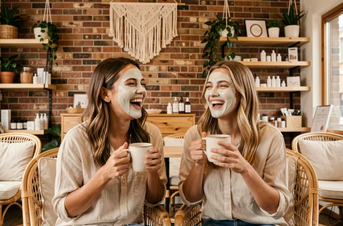 Deux femmes avec des masques à l'argile dans un salon de beauté tendance à l'ambiance conviviale et naturelle