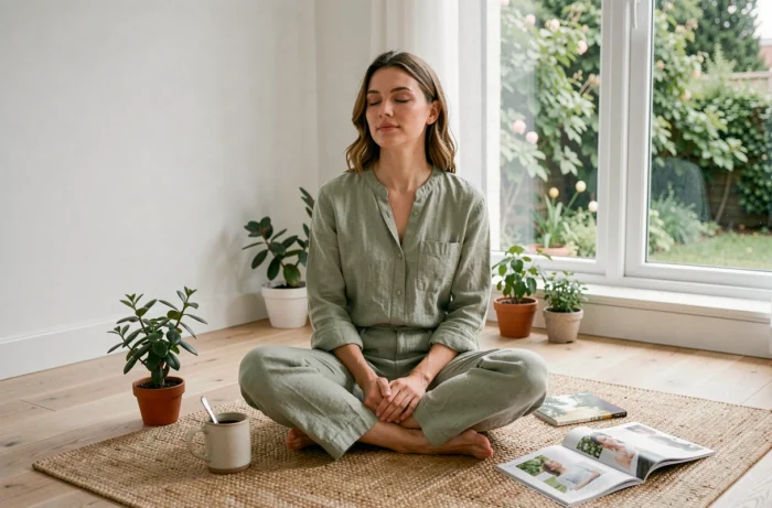Femme pratiquant la méditation dans un intérieur minimaliste entourée de plantes et d'un magazine bien-être