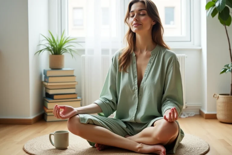 Femme pratiquant la méditation à domicile dans un appartement minimaliste pour améliorer son bien-être au quotidien