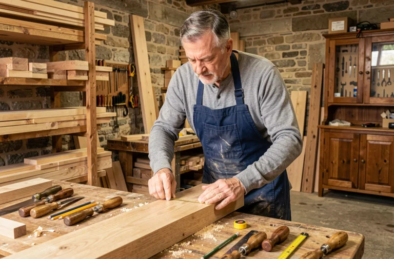 Menuisier professionnel mesurant une planche en chêne dans un atelier de menuiserie traditionnel français