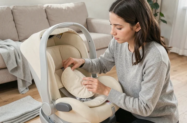Mère ajustant le réducteur de cosy dans un siège auto bébé couleur crème dans un salon familial