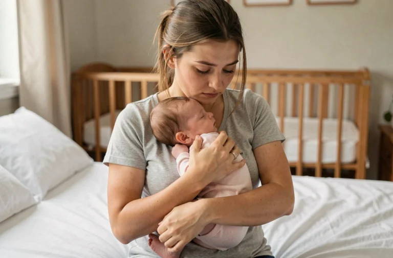 Jeune mère tenant son nourrisson contre elle dans une chambre de bébé apaisante, illustrant les signes de pic de croissance chez le nourrisson