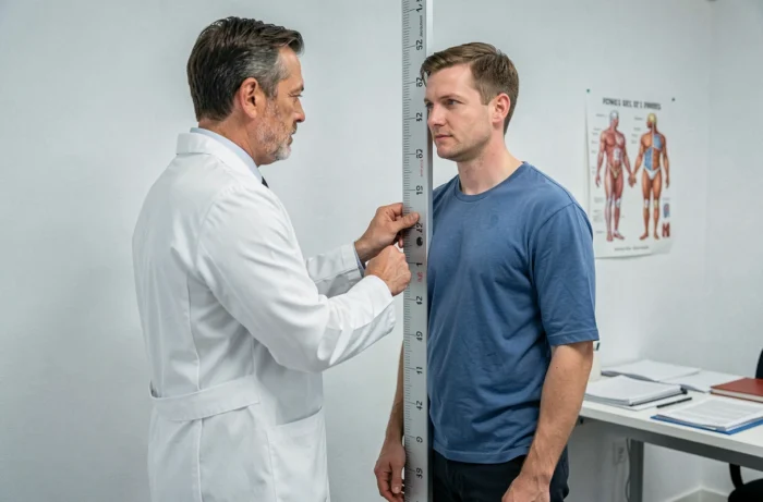 Médecin mesurant la taille d'un patient adulte avec un stadiomètre dans un cabinet médical, en lien avec les études sur la taille moyenne des hommes en France