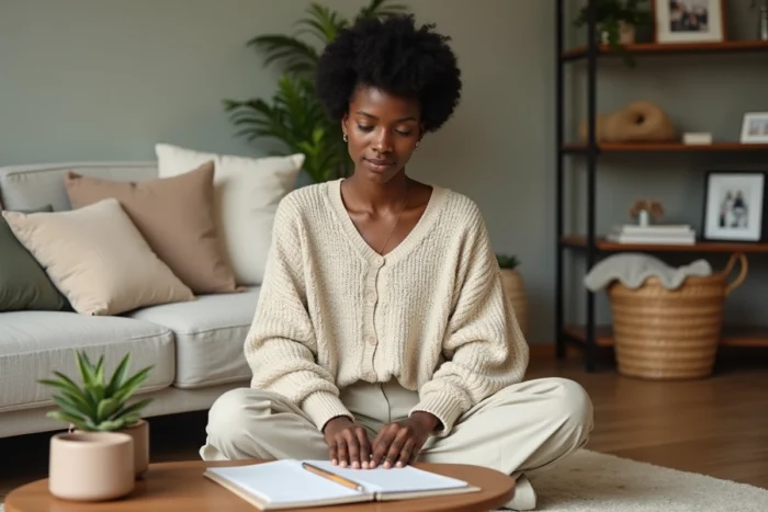 Femme organisant le planning familial hebdomadaire dans un salon cosy, symbole d'une vie de famille épanouie et bien organisée au quotidien