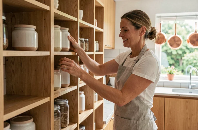 Femme organisant des étagères modulables dans une cuisine moderne en bois clair pour optimiser le rangement quotidien