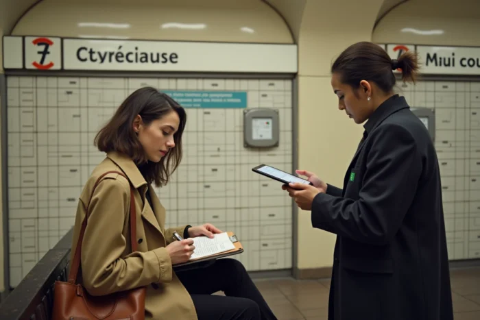 Voyageuse remplissant un formulaire d'amende RATP avec un agent dans une station parisienne