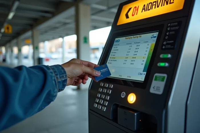 Mains insérant une carte bancaire dans une borne de paiement de parking à l'aéroport d'Orly pour régler le stationnement