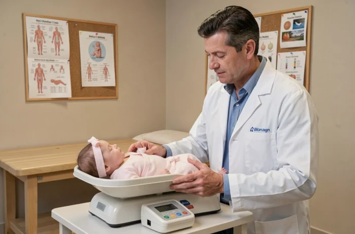 Pédiatre pesant un nourrisson lors d'une consultation médicale pour suivre sa courbe de croissance