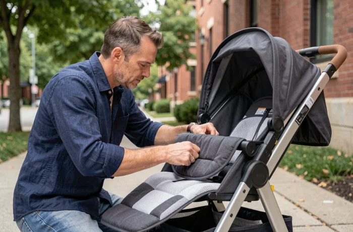 Pai removendo o redutor do bebê conforto de um carrinho na calçada de um bairro tranquilo
