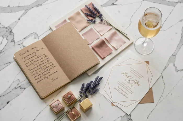 Flat Lay der Hochzeitsplanung mit Notizbuch, Einladung im Letterpress, Stoffmuster und Trauringboxen auf weißem Marmor