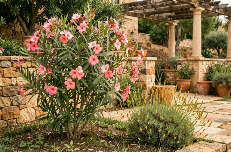 Jardin méditerranéen avec un laurier-rose en fleurs roses et une lavande jaunissante placées trop près l'une de l'autre