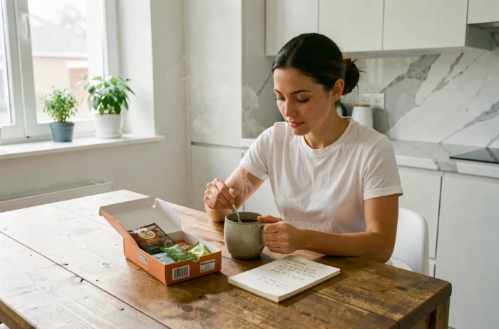 Femme préparant une tasse de thé détox Lulutox dans sa cuisine avec ses notes de cure posées sur la table