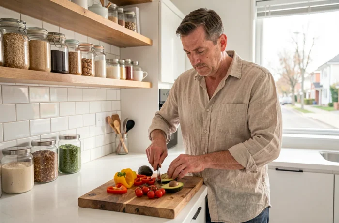Homme préparant un repas sain avec des légumes frais et colorés dans une cuisine moderne pour prendre soin de sa santé au quotidien