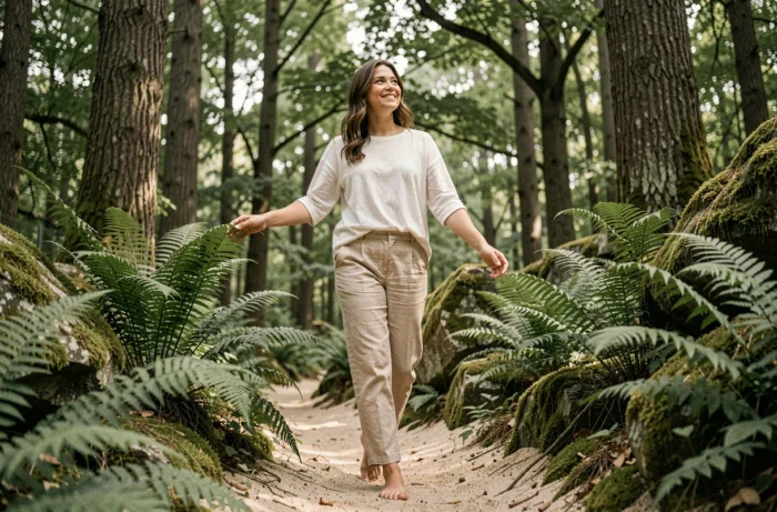 Jeune femme se promenant pieds nus dans un chemin forestier entouré de fougères pour se ressourcer et améliorer son bien-être mental