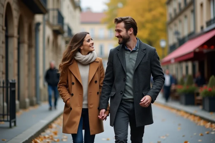 Couple élégant se promenant en ville en automne lors d'un rendez-vous amoureux décontracté