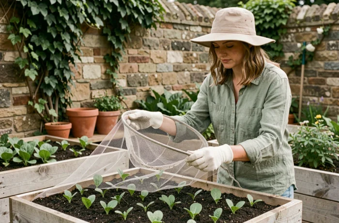 Femme posant un filet de protection anti-insectes sur des plants de légumes dans un jardin potager