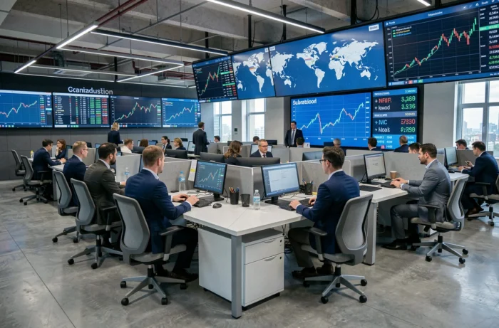 Internationale Handelsräume mit Finanzbildschirmen und Fachleuten, die die wirtschaftlichen Daten der reichsten Länder der Welt analysieren