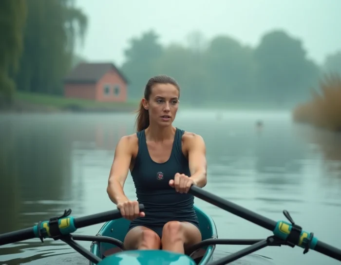 Rameuse en single scull sur une rivière calme de l'Essex lors d'un entraînement matinal