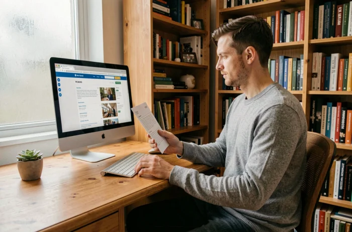 Junger Mann, der von seinem Homeoffice aus online nach einem Job sucht, mit seinem Lebenslauf in der Hand