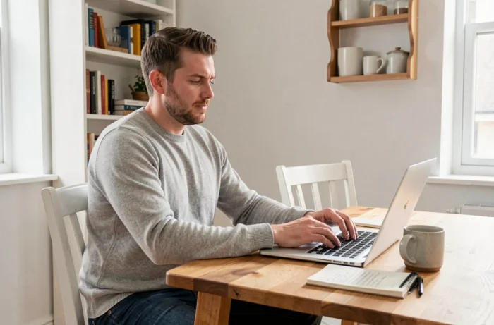 Jovem homem buscando emprego online de sua casa com um laptop