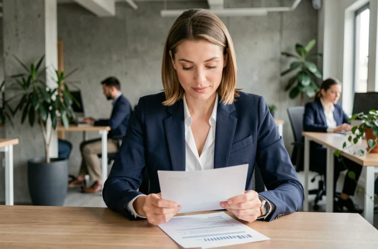 Professionnelle en blazer marine analysant un CV dans un bureau moderne ouvert