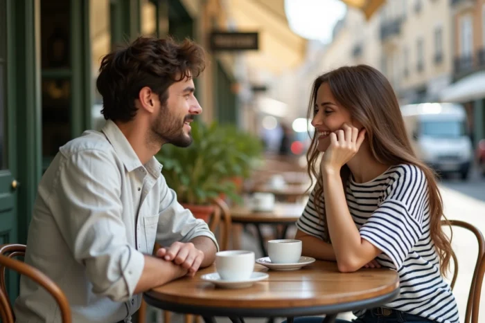 Couple en conversation animée autour d'un café en terrasse lors d'un rendez-vous séduction réussi