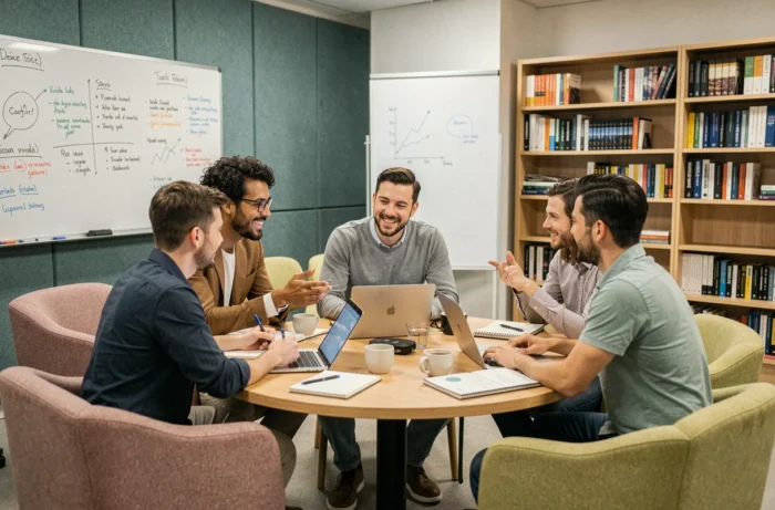 Gruppe von Fachleuten in einer kollaborativen Besprechung in einem Coworking-Space mit Whiteboard und modularem Mobiliar