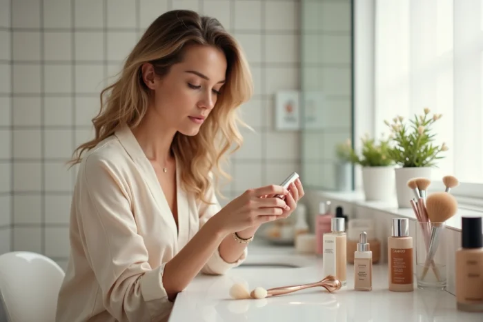 Femme aux cheveux ondulés examinant des produits de beauté et soins de peau sur une coiffeuse dans une salle de bain de style scandinave