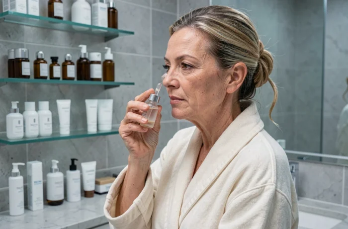 Femme appliquant un sérum visage devant son miroir dans une salle de bain moderne et minimaliste