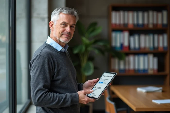 Cadre masculin consultant un module de formation sur une tablette via un LMS en entreprise pendant une pause