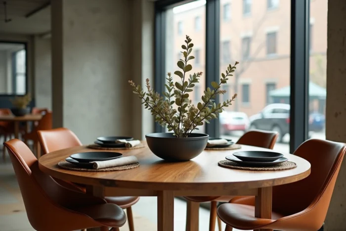 Salle à manger mi-siècle moderne avec table en noyer, vaisselle artisanale en grès et chaises en cuir cognac dans un appartement urbain