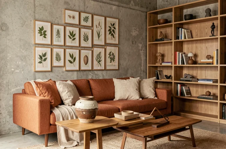 Salon moderne et chaleureux décoré avec des touches personnalisées, canapé en tissu terracotta, vase artisanal et mur de cadres botaniques