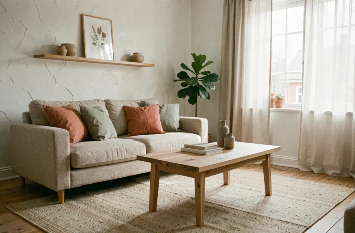Salon de style scandinave avec canapé en lin, table basse en chêne et plantes vertes pour une décoration authentique et chaleureuse